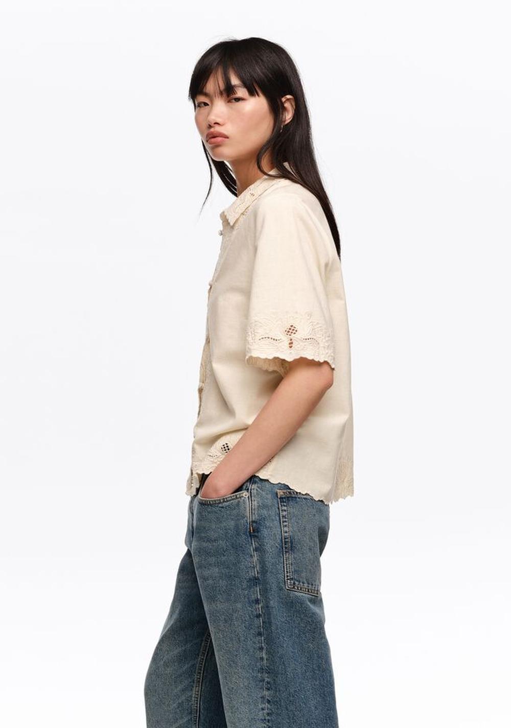 Camisa Bordados Lino Algodon Beige Bimba y Lola