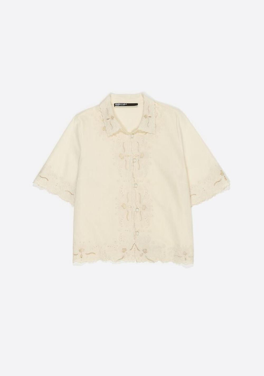 Camisa Bordados Lino Algodon Beige Bimba y Lola
