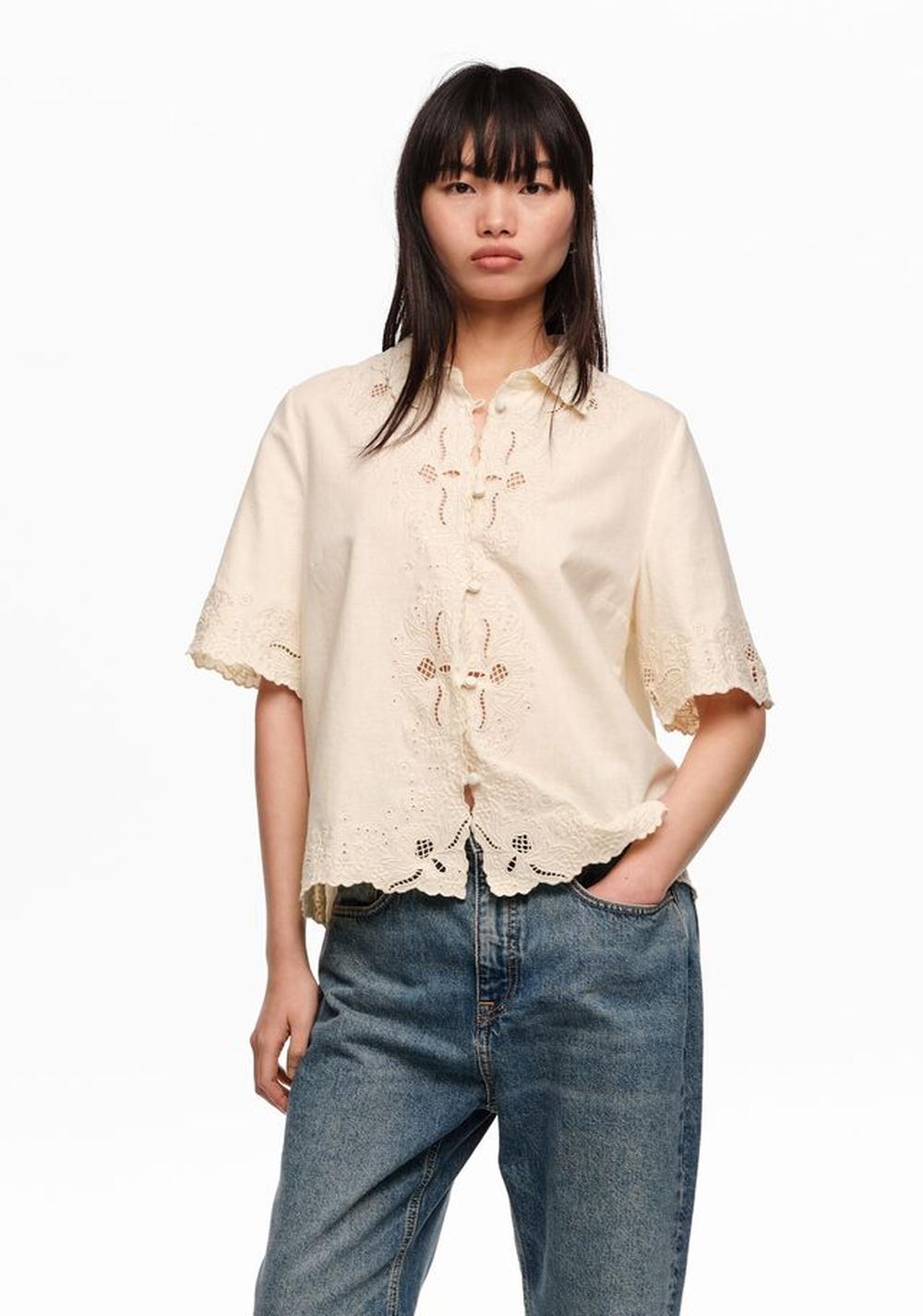 Camisa Bordados Lino Algodon Beige Bimba y Lola