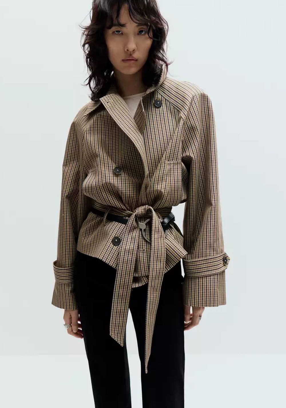 Chaqueta Cuadros con Cinturón Mango
