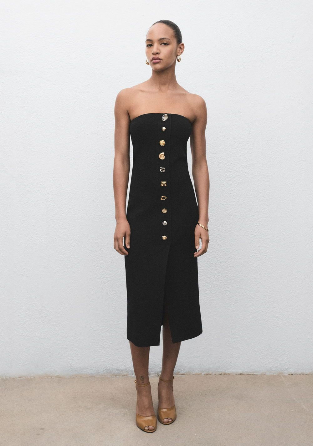 Vestido Palabra de Honor con Botones Joya Mango