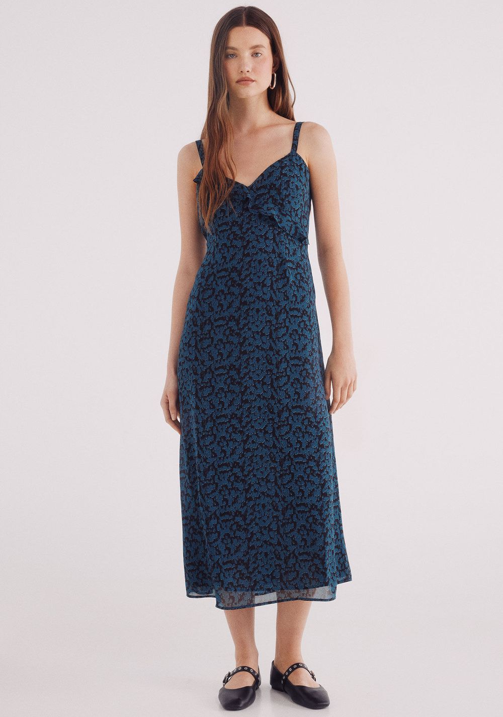 Vestido Midi Escote Volante Estampado Springfield