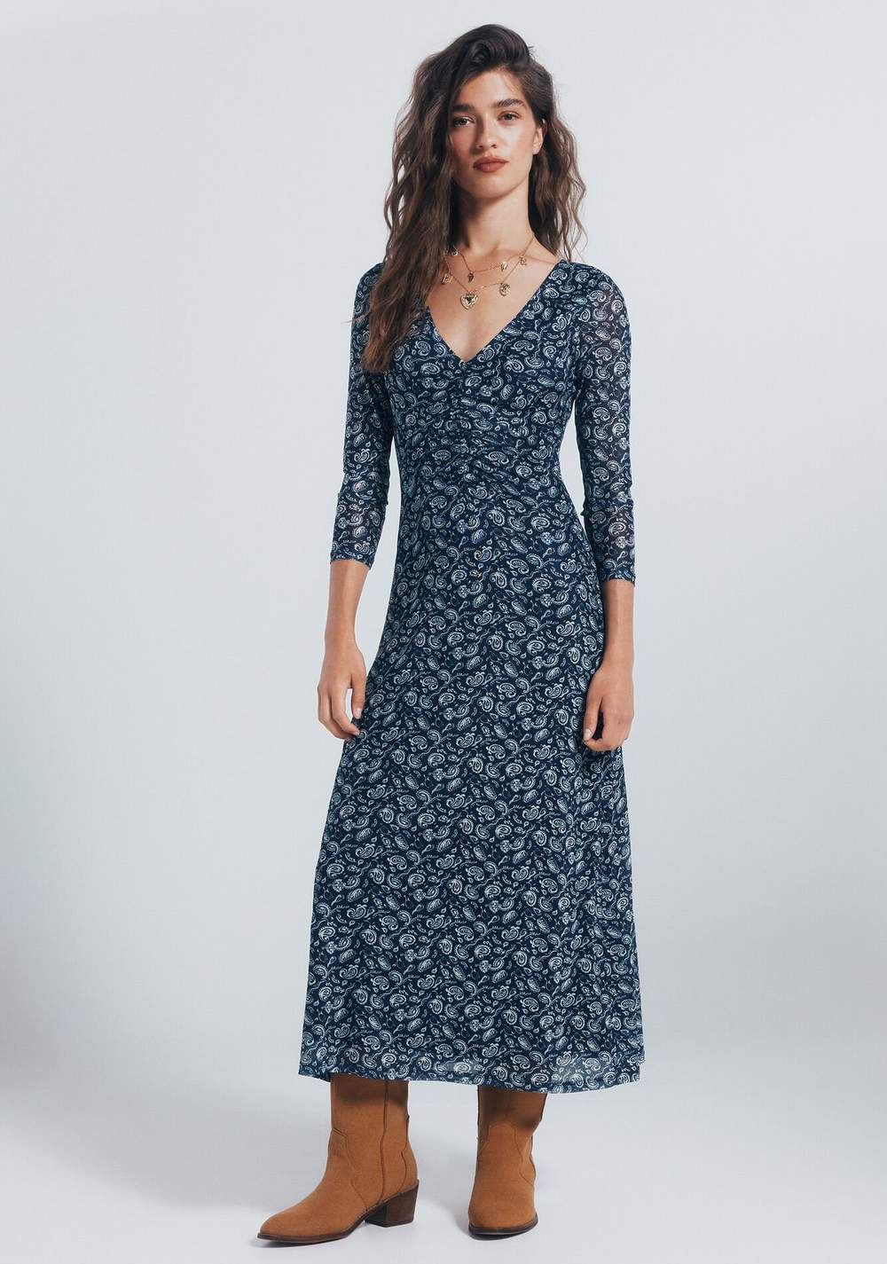 Vestido Midi Frunces Estampado Springfield